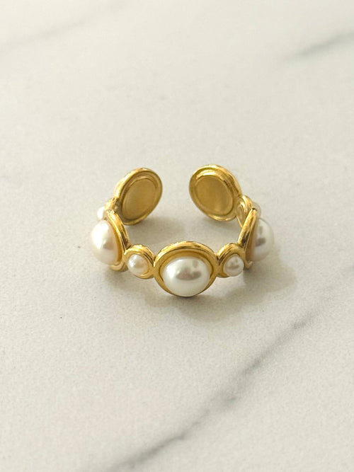 Bague ajustable en acier inoxydable Mercan avec perles blanches - Bijoux Bravo