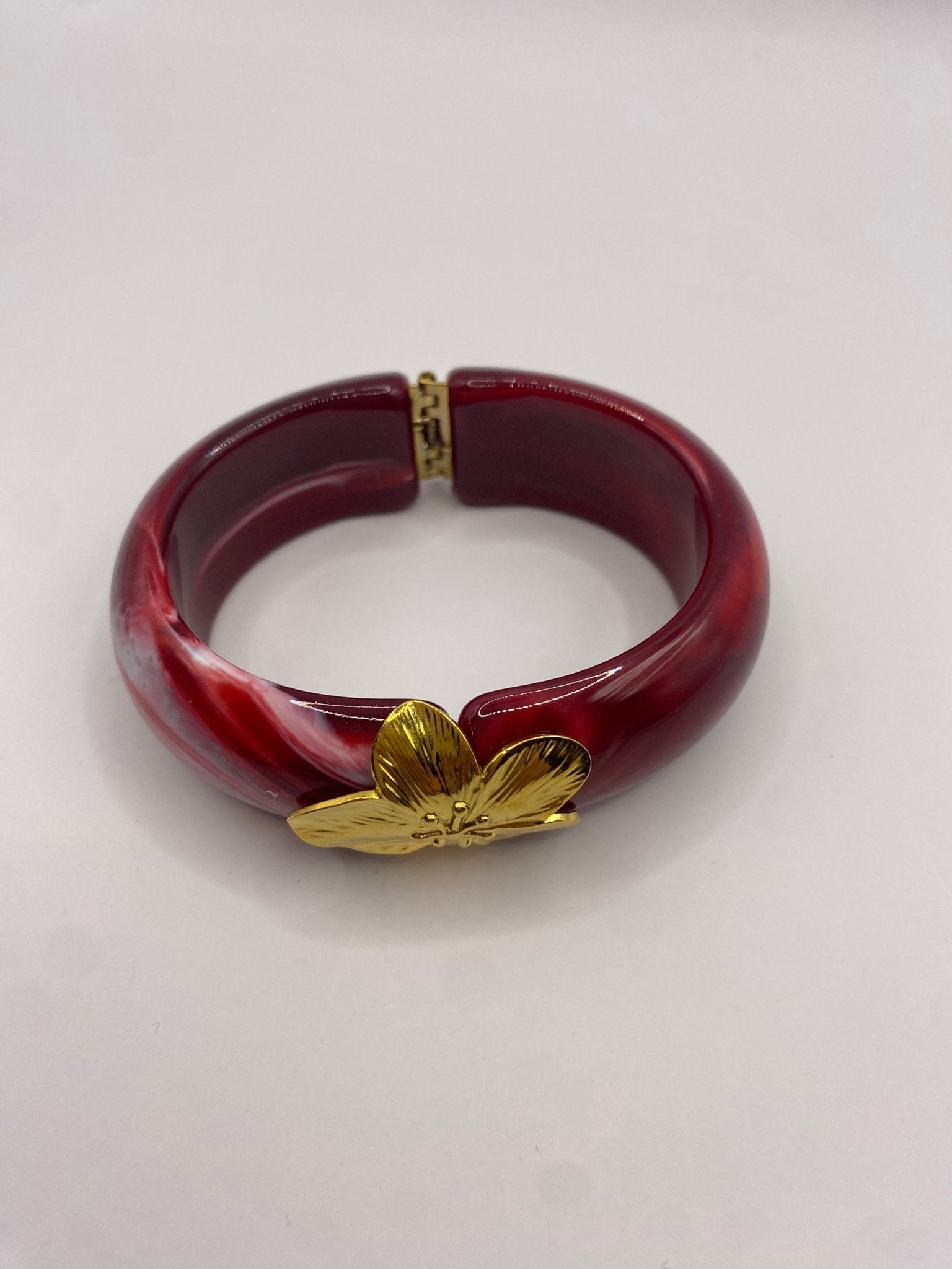 Bracelet Jonc Rouge Marbré & Fleur Dorée - Bijoux Bravo