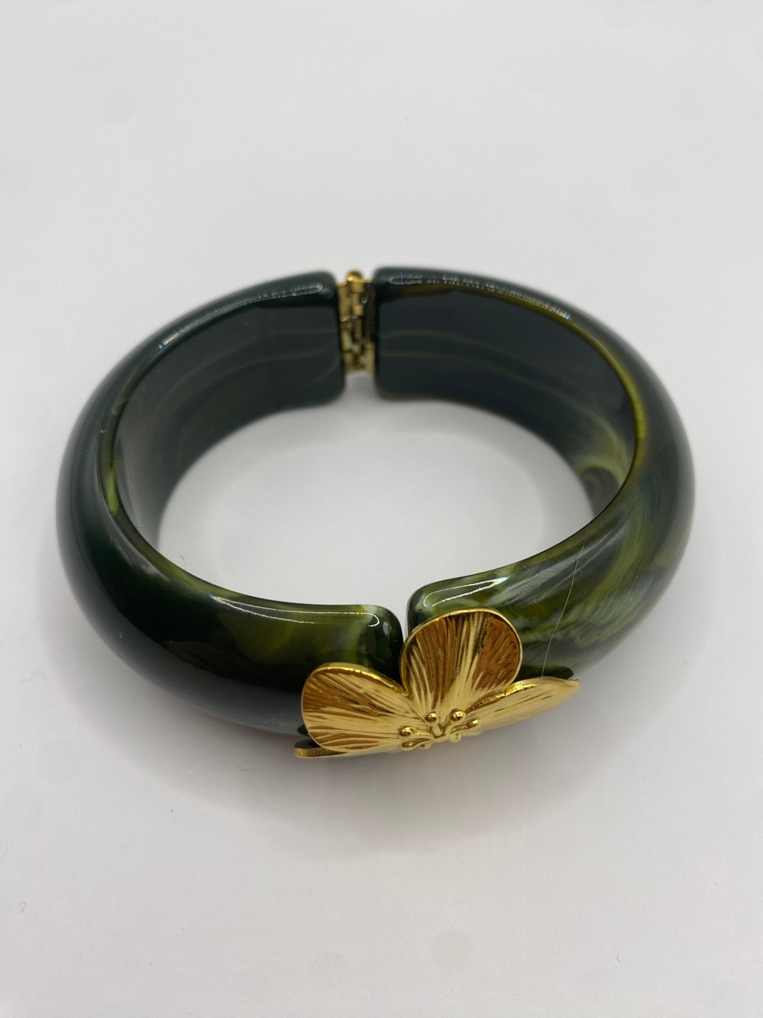 Bracelet Jonc Vert Marbré & Fleur Dorée - Bijoux Bravo